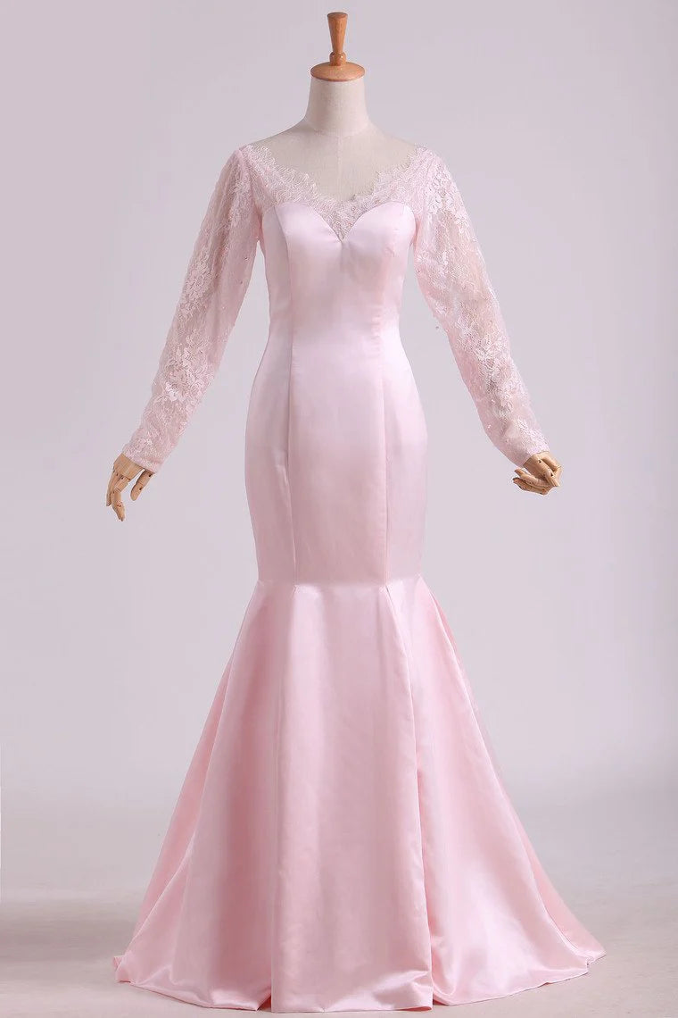 Party Dresses Mermaid V Neck Long Sleeves With Applique Satin